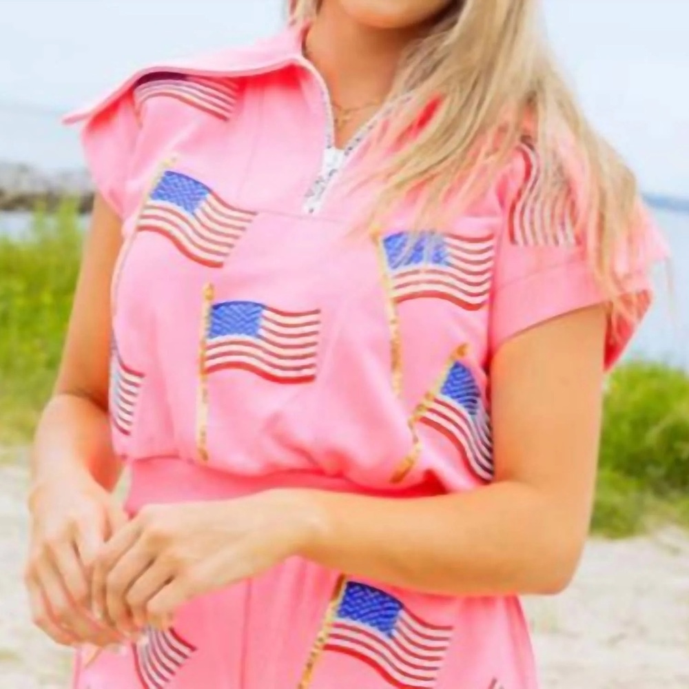 Queen of Sparkles Metallic American Flag Collar Top Size XL Hot Pink